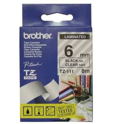Brother TZ-111 Şeffaf Üzerine Siyah Laminasyonlu Etiket - 1