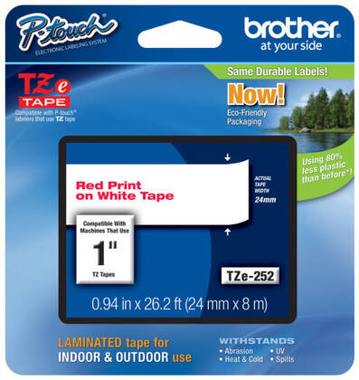 Brother TZE-252 Beyaz üzerine Kırmızı Lamine Orjinal Etiket (24mm) - 1
