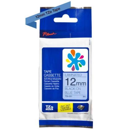 Brother TZe-531 12mm Mavi üzerine Siyah Laminasyonlu Muadil Etiket - 1
